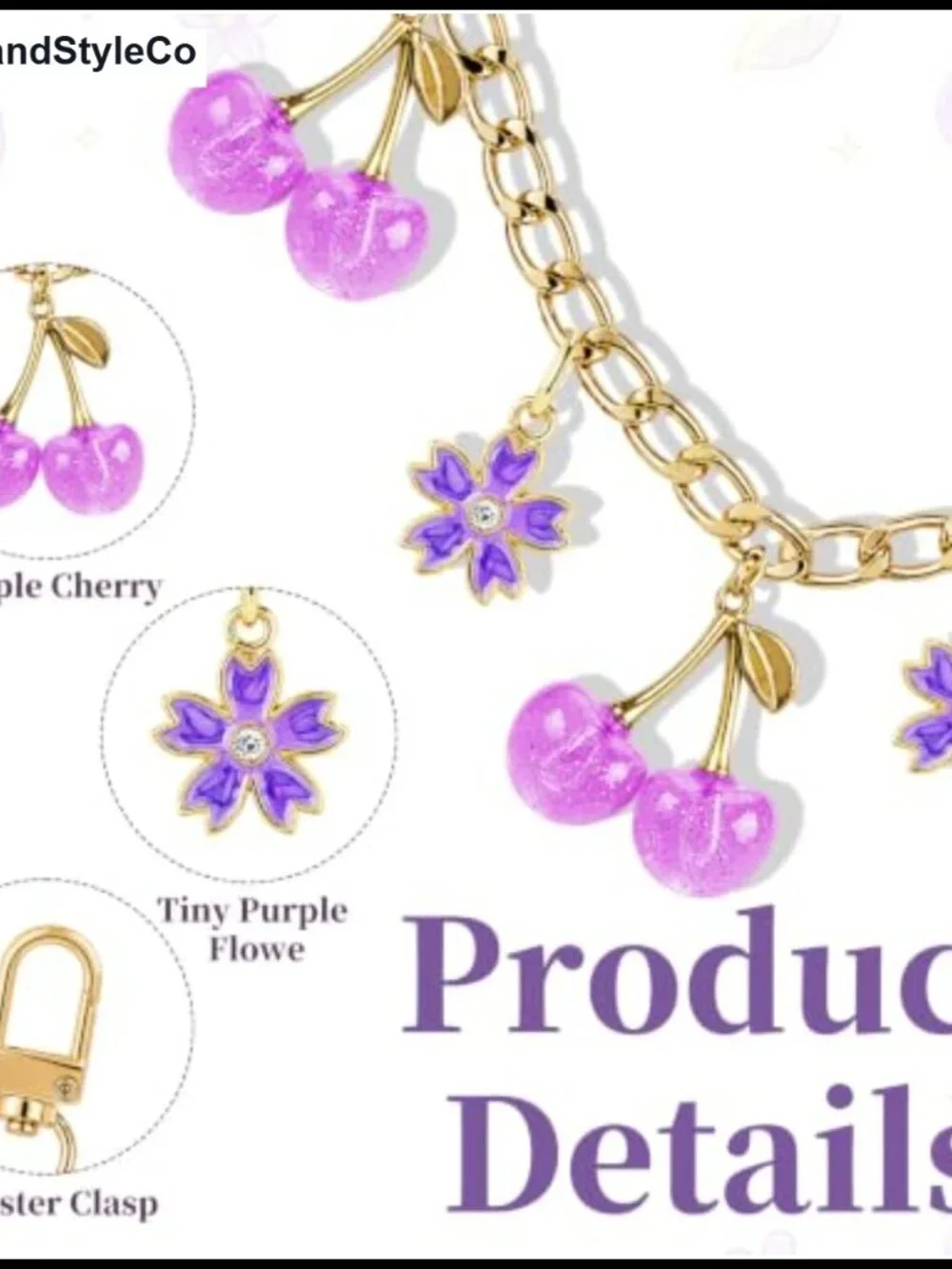 Vintage Cherry Flower Gold Keychain Bag Extender Chain
